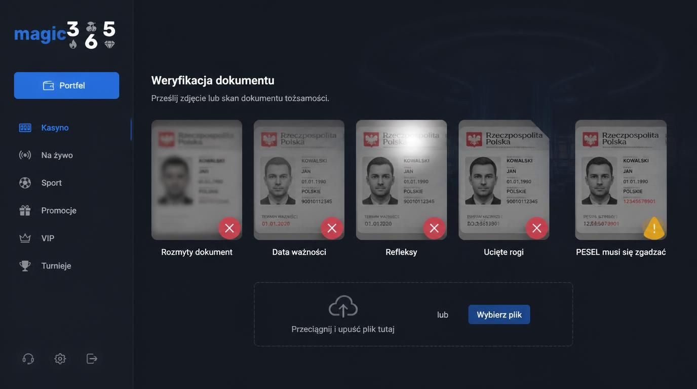 Alt: przykłady błędów dokumentów odrzuconych – rozmycie, brak rogów, przeterminowanie, odbicia, niezgodność