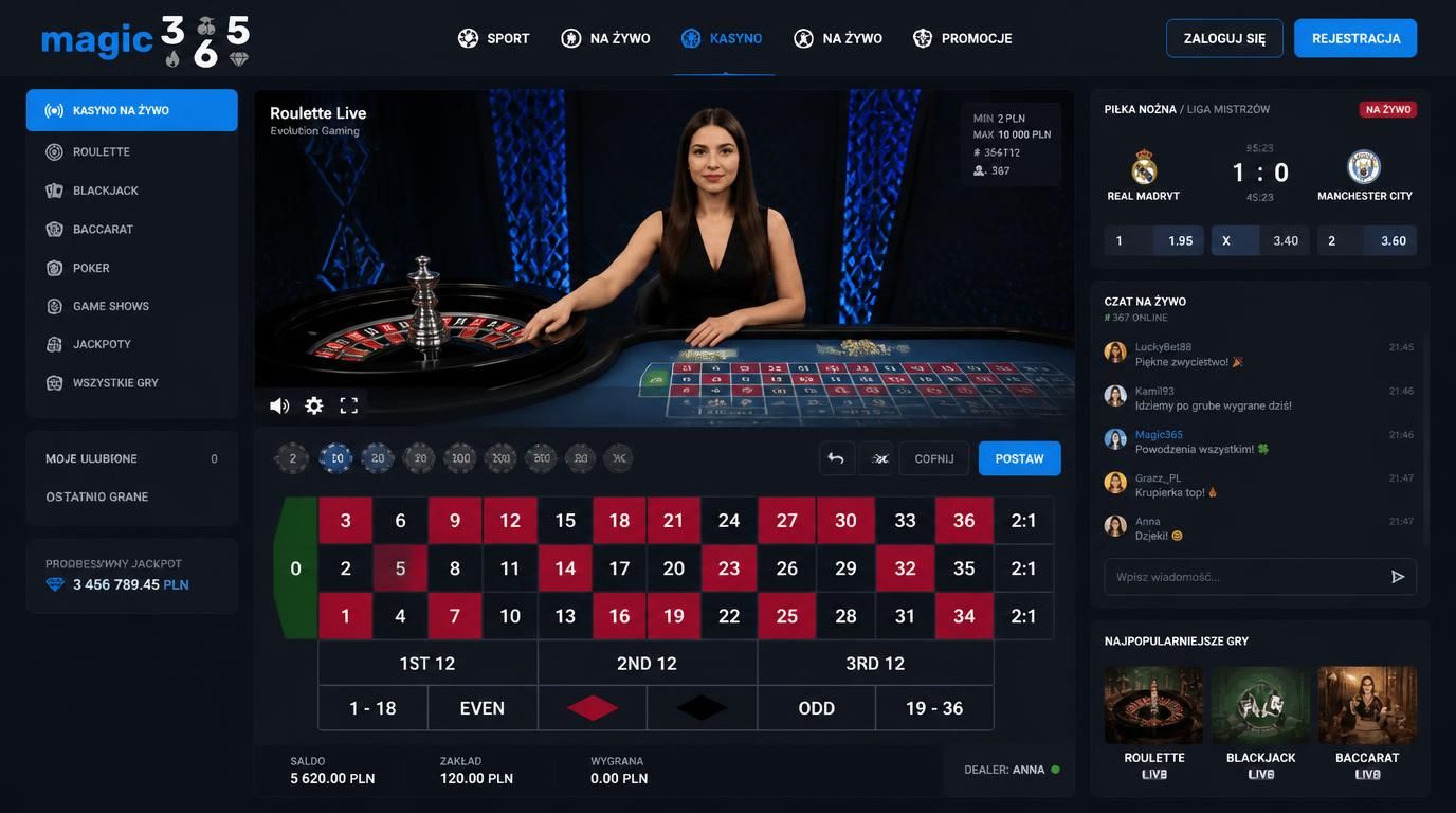 Krupier, stół i oferta live sportów.