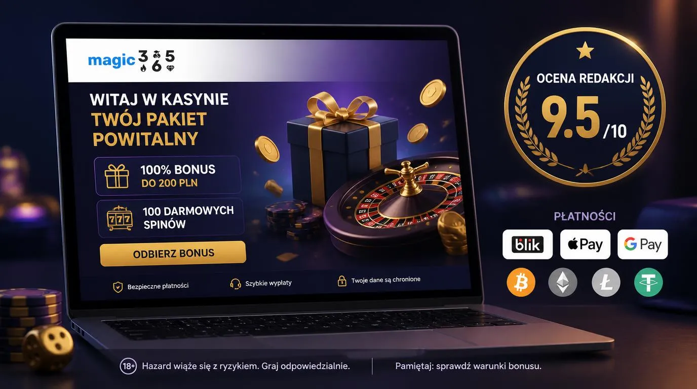 Ekran oferty powitalnej kasyna z oceną, darmowymi spinami i ikonami metod wypłaty